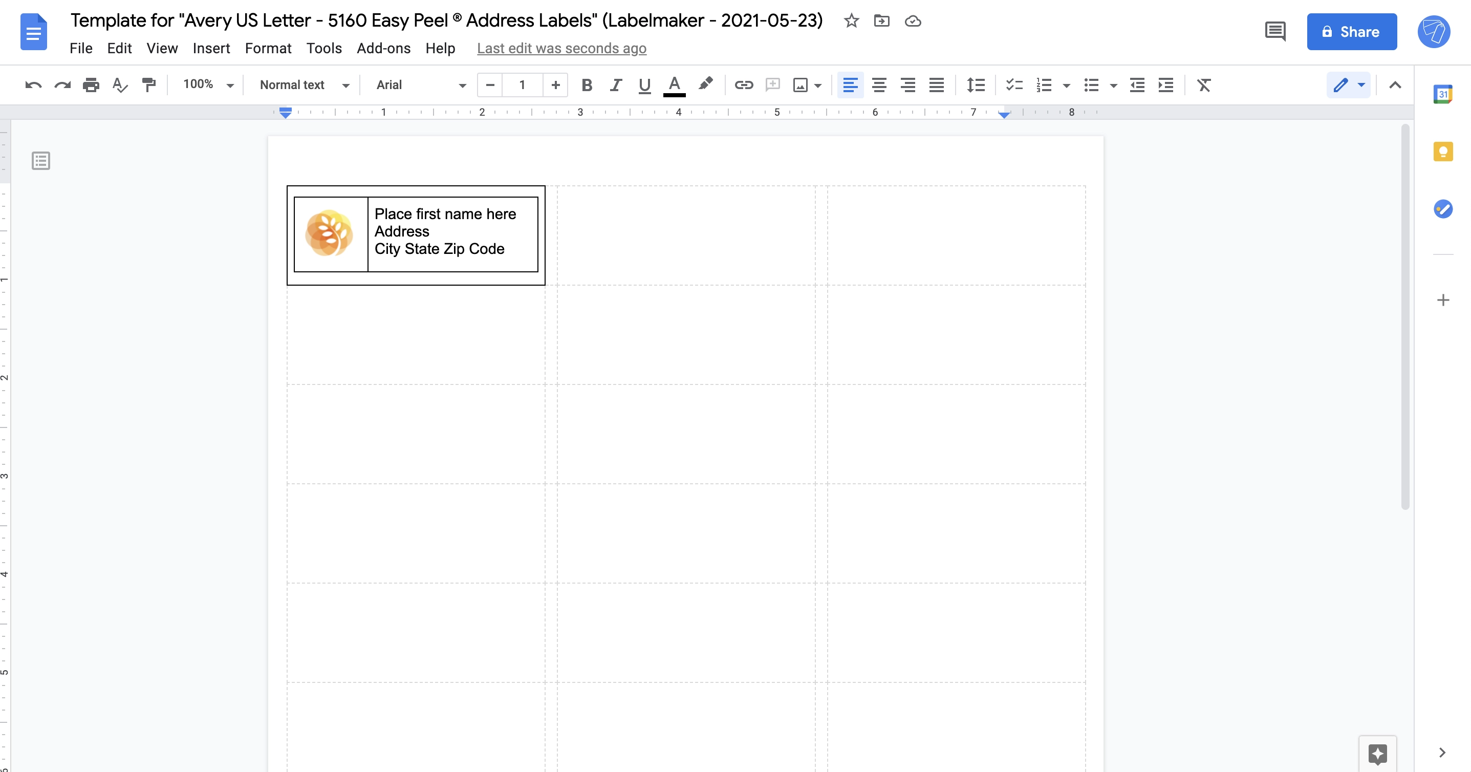 Screenshot of inserting images and text into labels in Google Docs