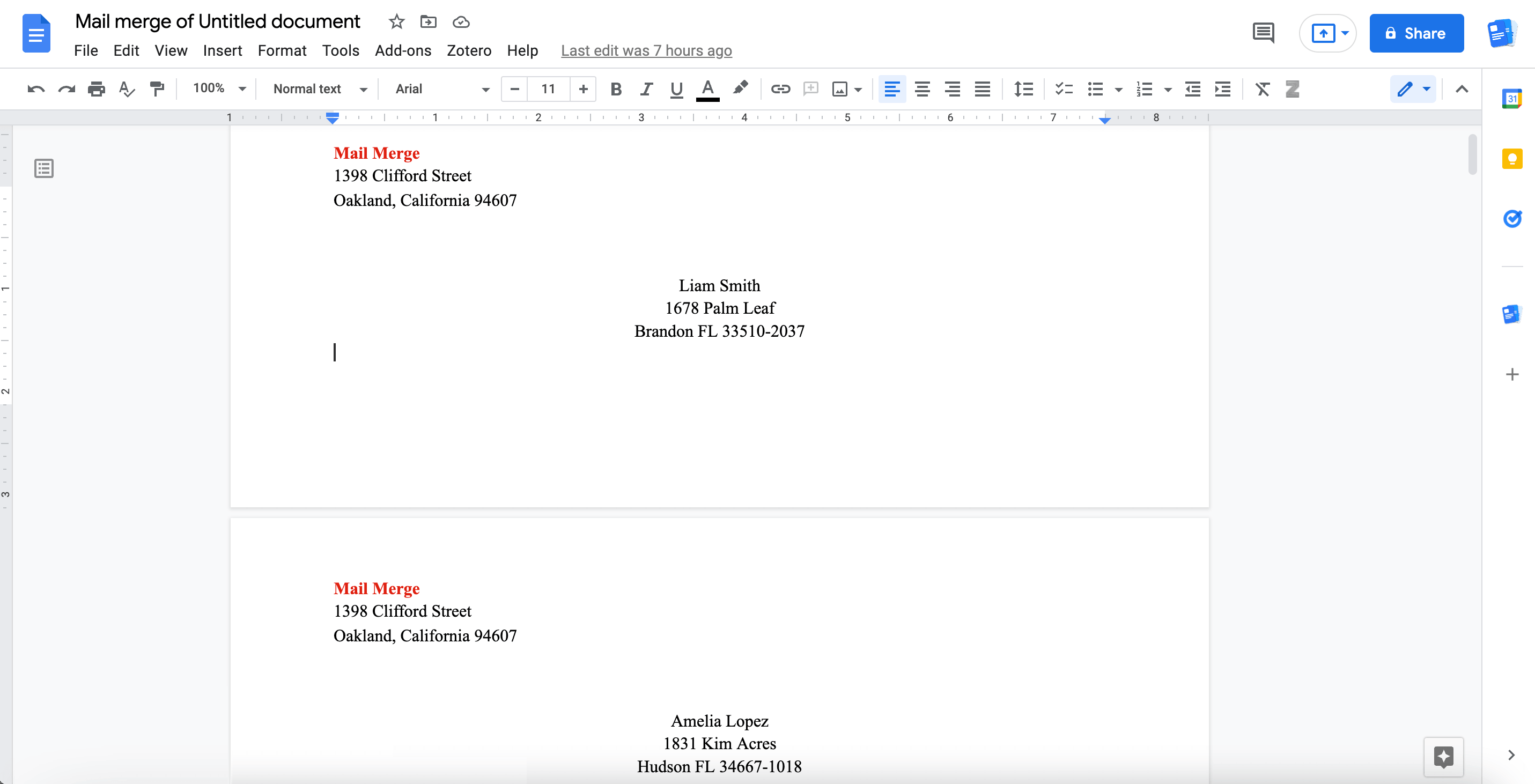 Screenshot of envelopes ready to be printed in Google Docs