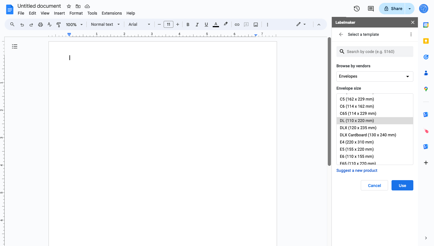 Screenshot of choosing an envelope size in Google Docs