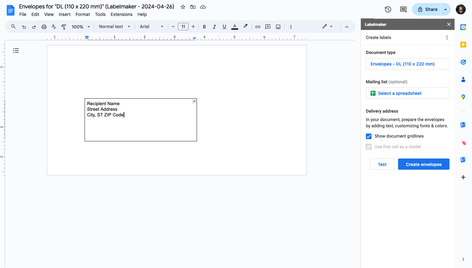 Screenshot of editing envelopes in Google Docs