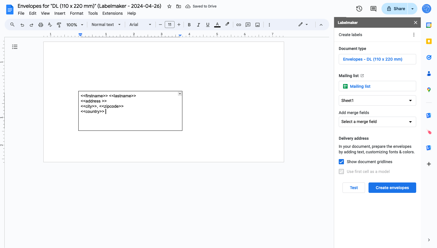 Screenshot of adding merge fields on envelopes in Google Docs
