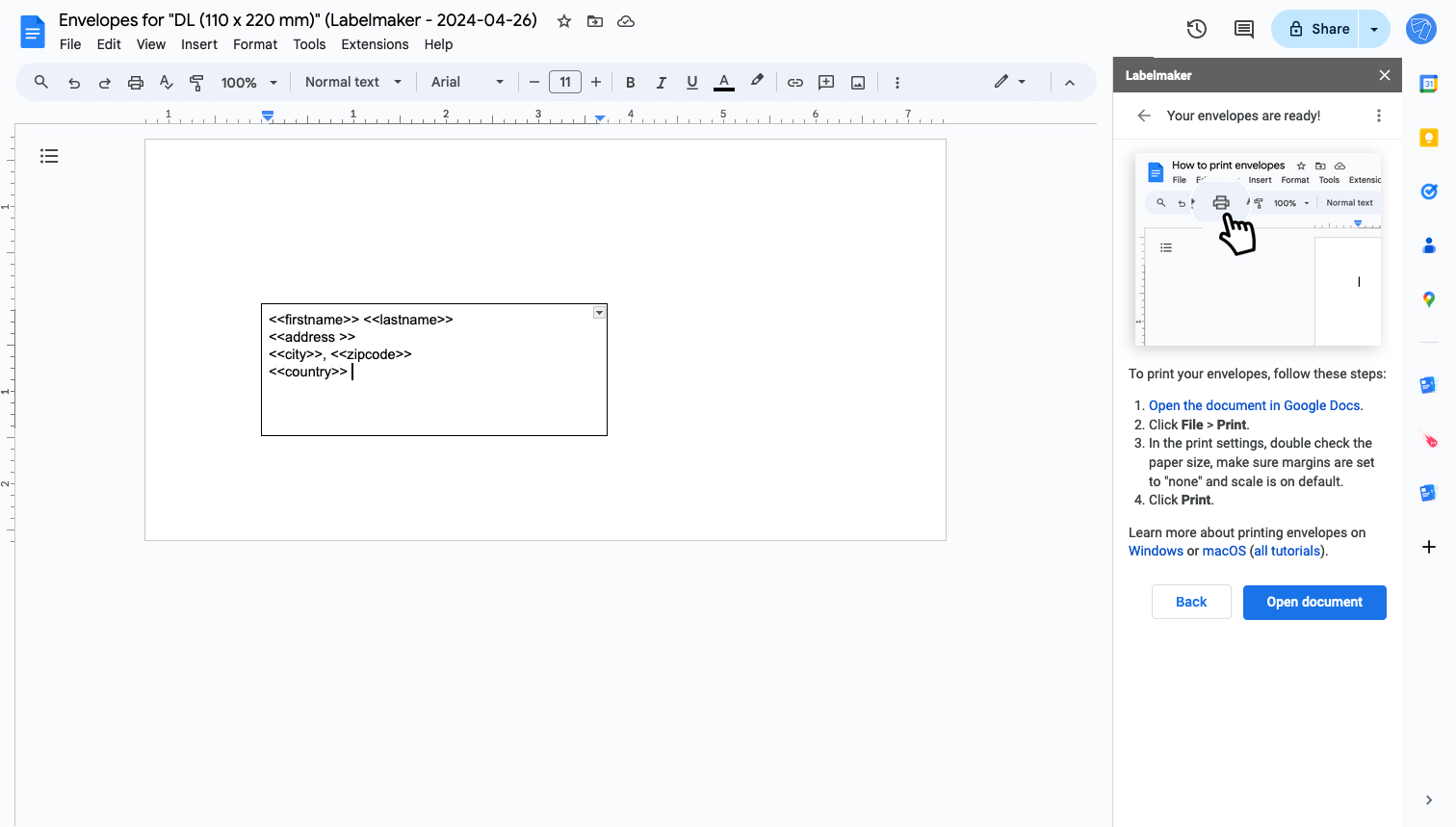 Screenshot of Labelmaker having merged envelopes in Google Docs