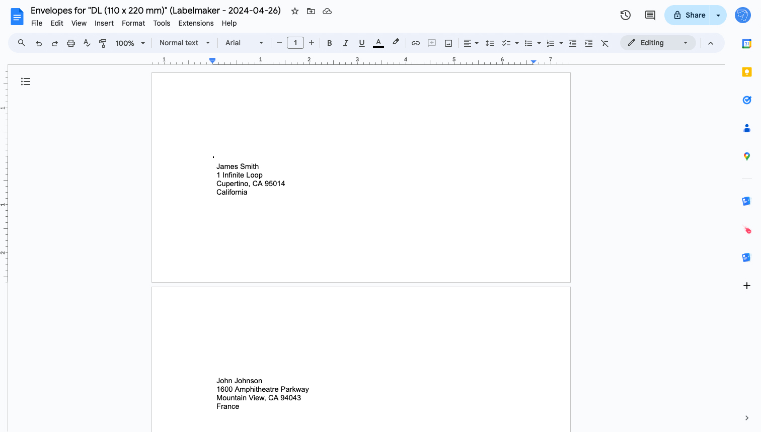 Screenshot of envelopes ready to be printed in Google Docs