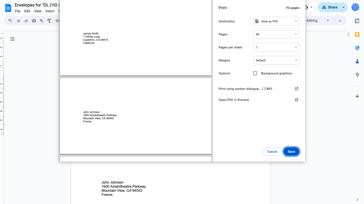 Print envelopes menu in Google Docs