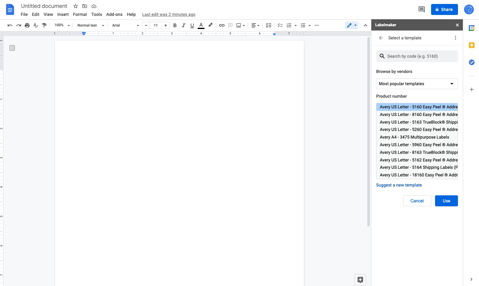 Screenshot of Labelmaker templates selection in Google Docs