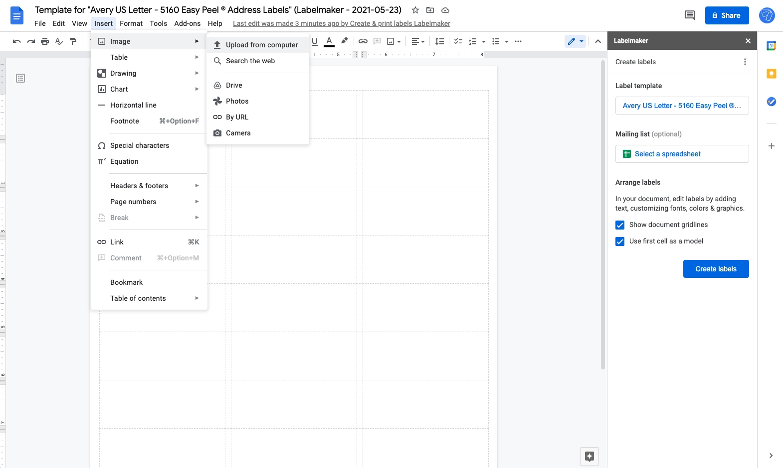 Screenshot of inserting images in labels in Google Docs