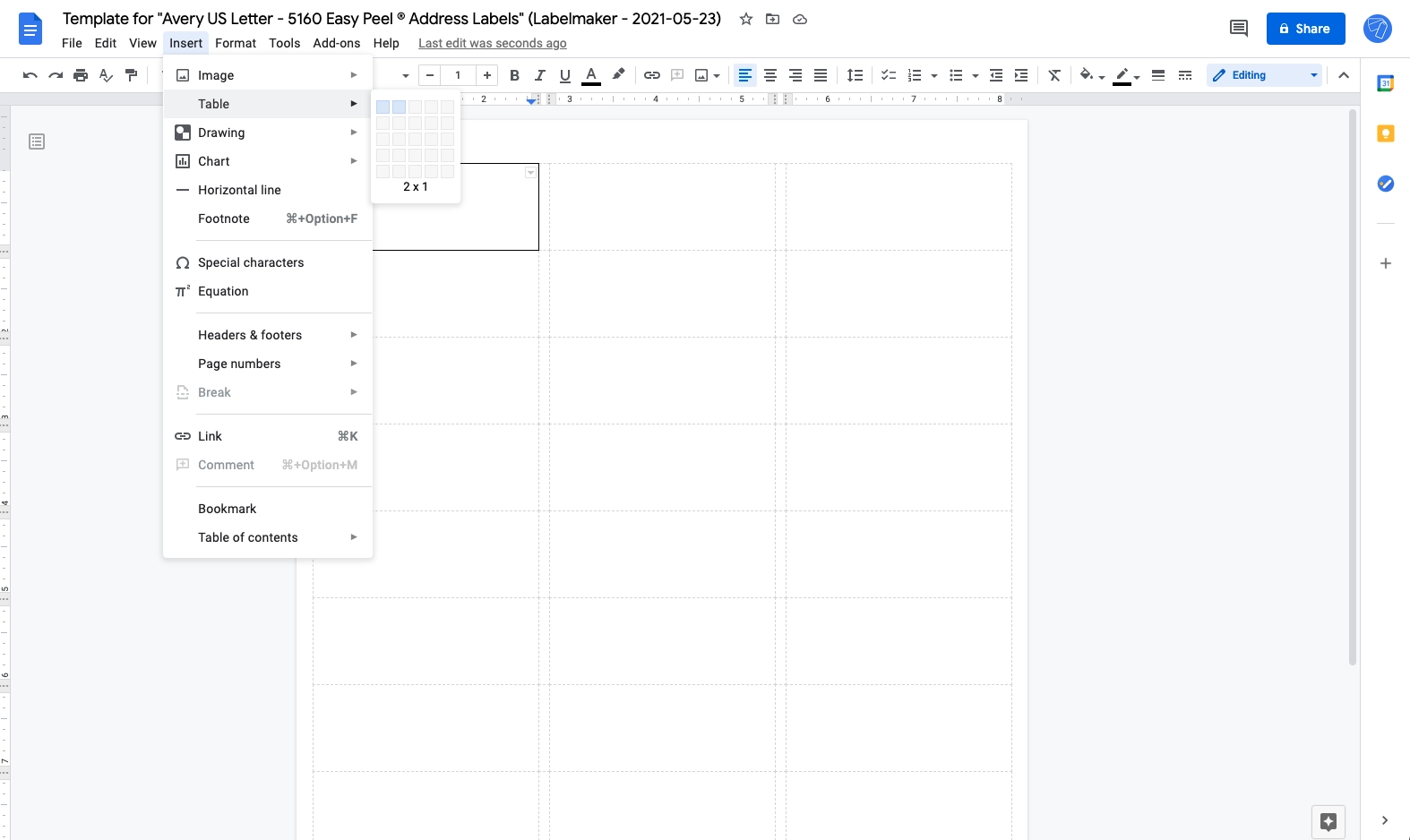 Screenshot of inserting a table in Google Docs