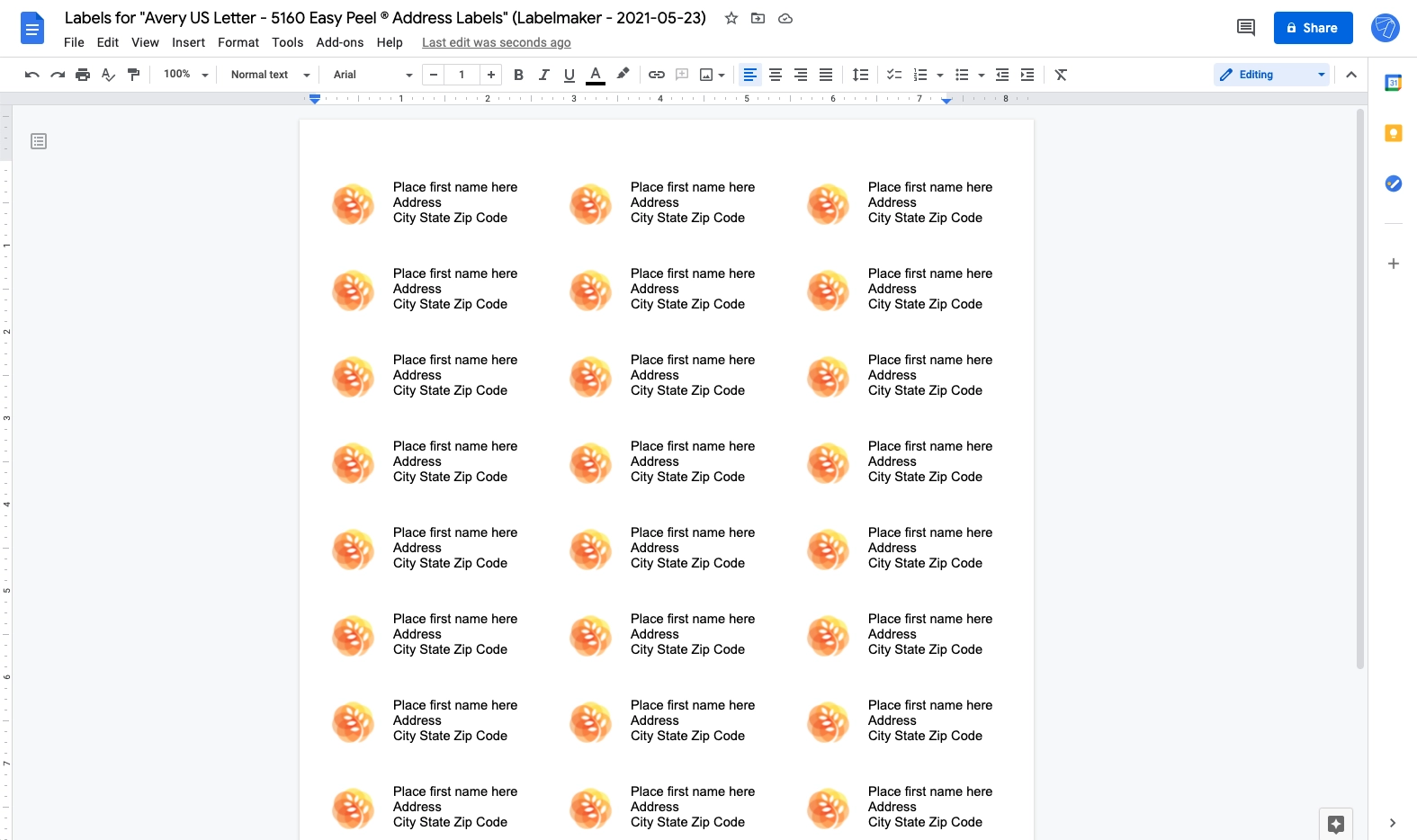 Screenshot of labels ready to be printed in Google Docs