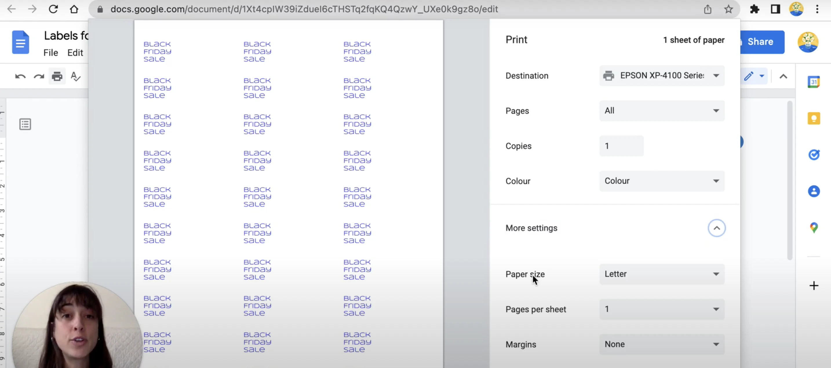 Print labels menu in Google Docs
