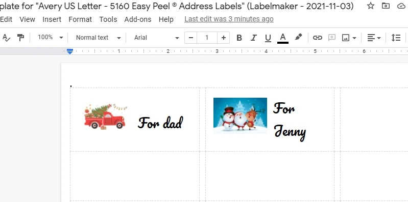 Personalize Xmas labels in Google Docs