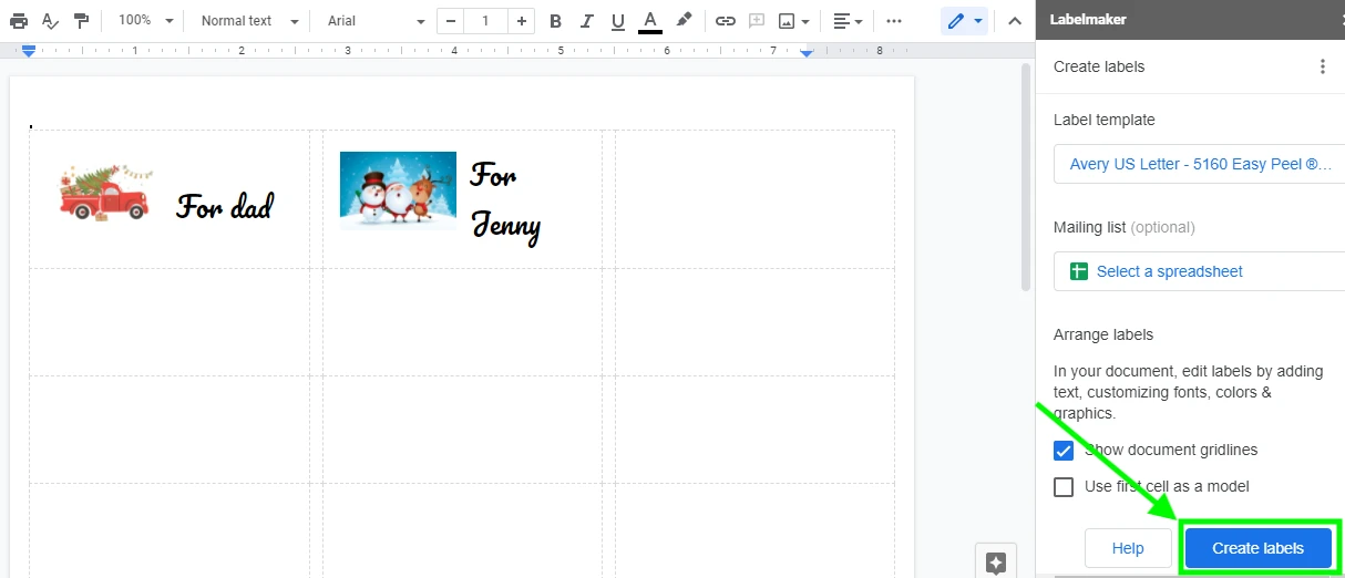 Print labels menu in Google Docs