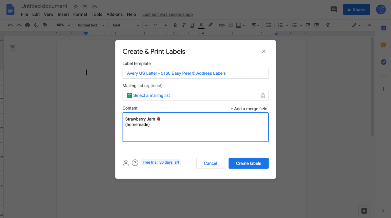 Screenshot of Labelmaker labels design in Google Docs