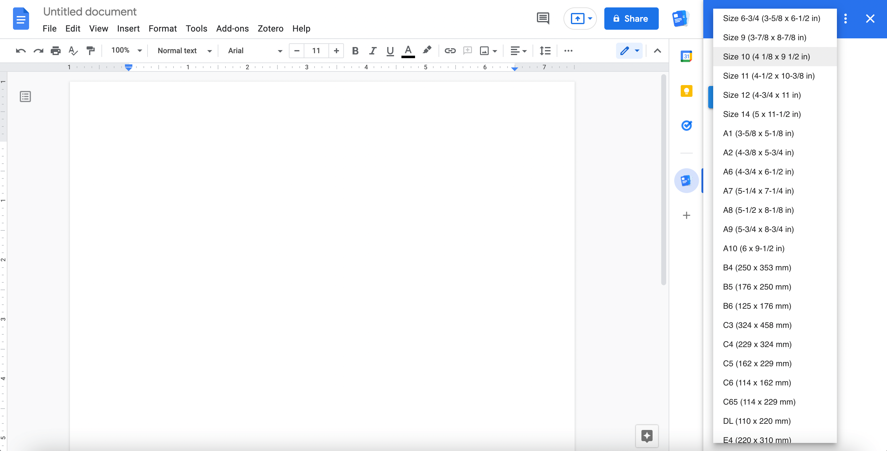 Screenshot of choosing an envelope size in Google Docs
