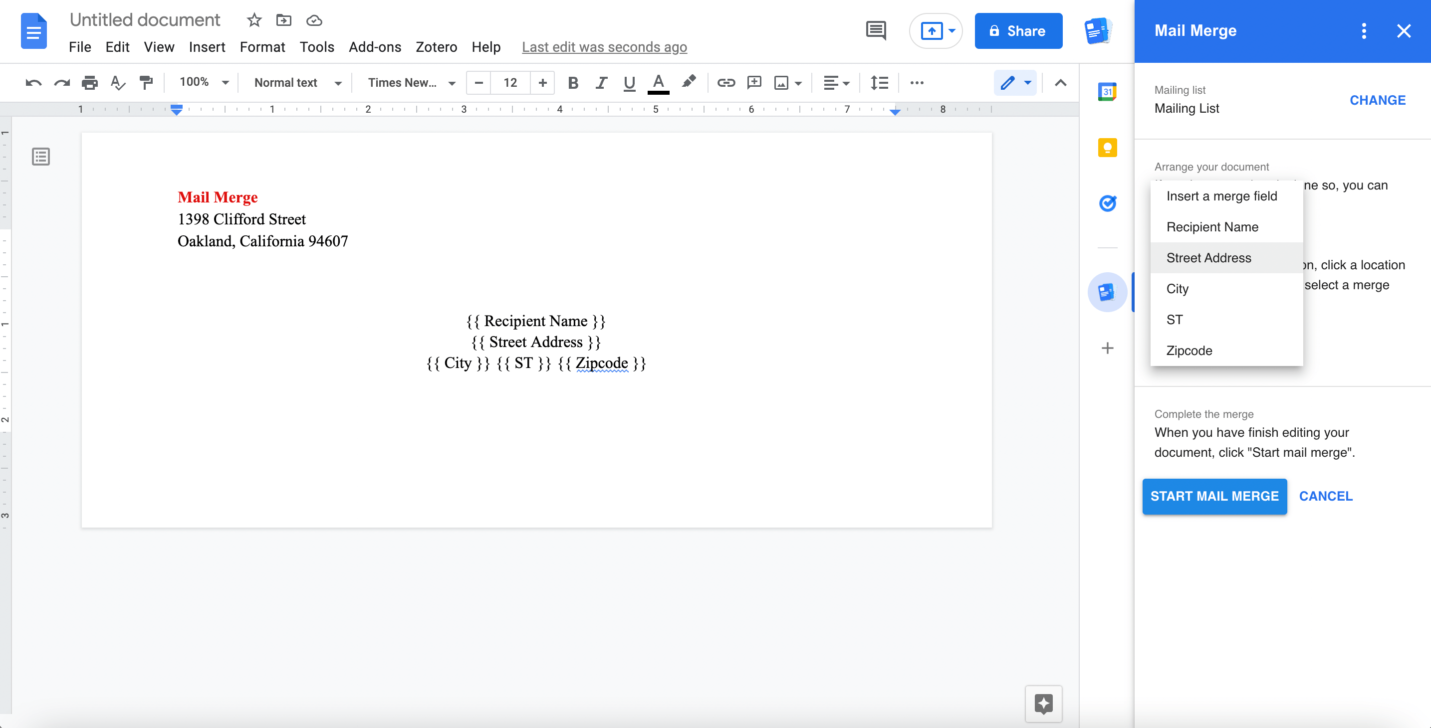 Screenshot of adding merge fields on envelopes in Google Docs
