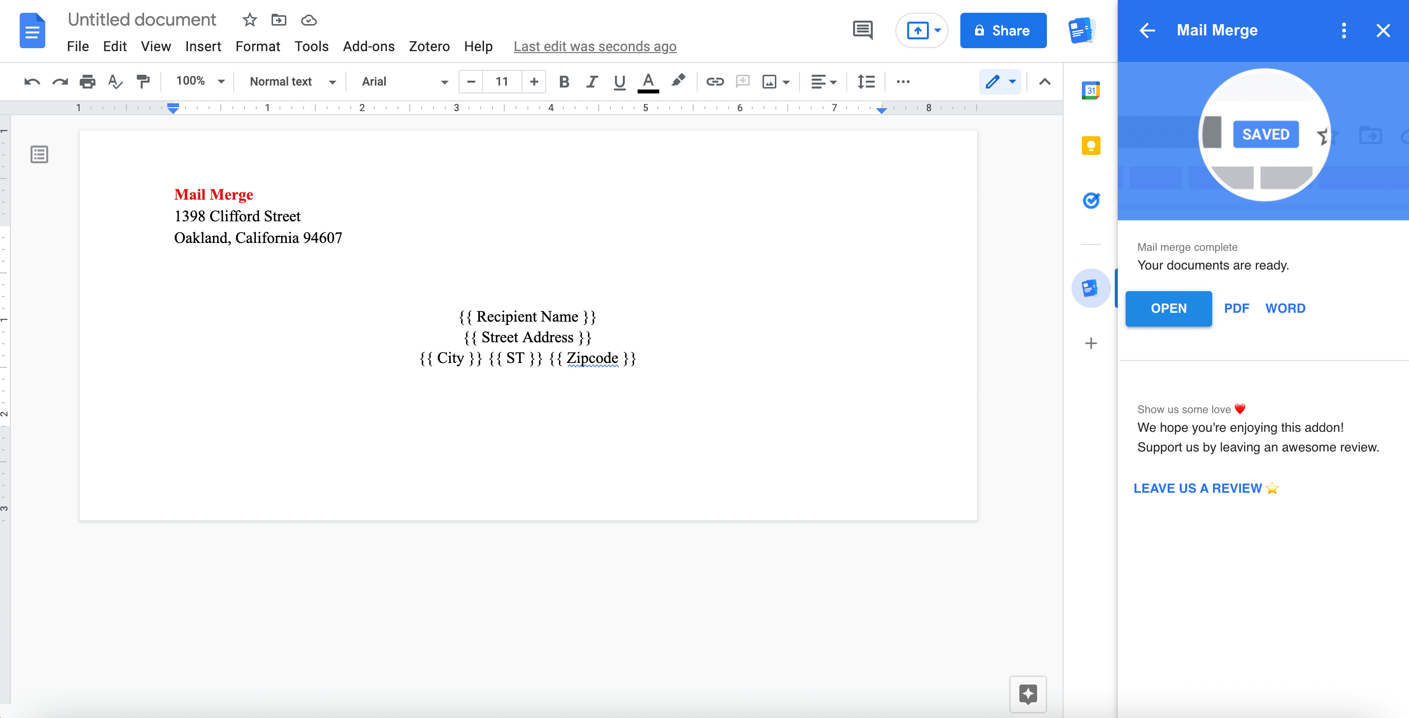 Screenshot of Labelmaker having merged envelopes in Google Docs