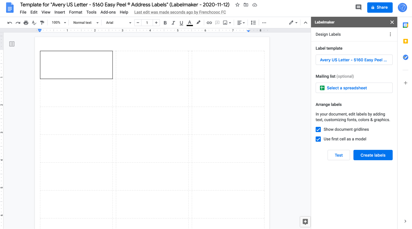 Screenshot of editing labels in Google Docs