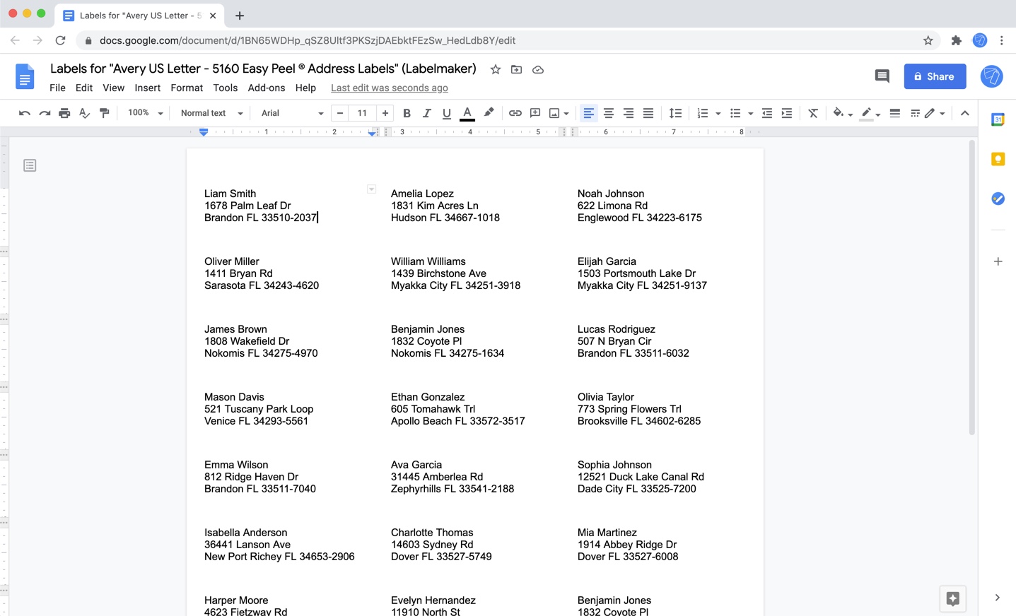 Document in Google Docs with labels