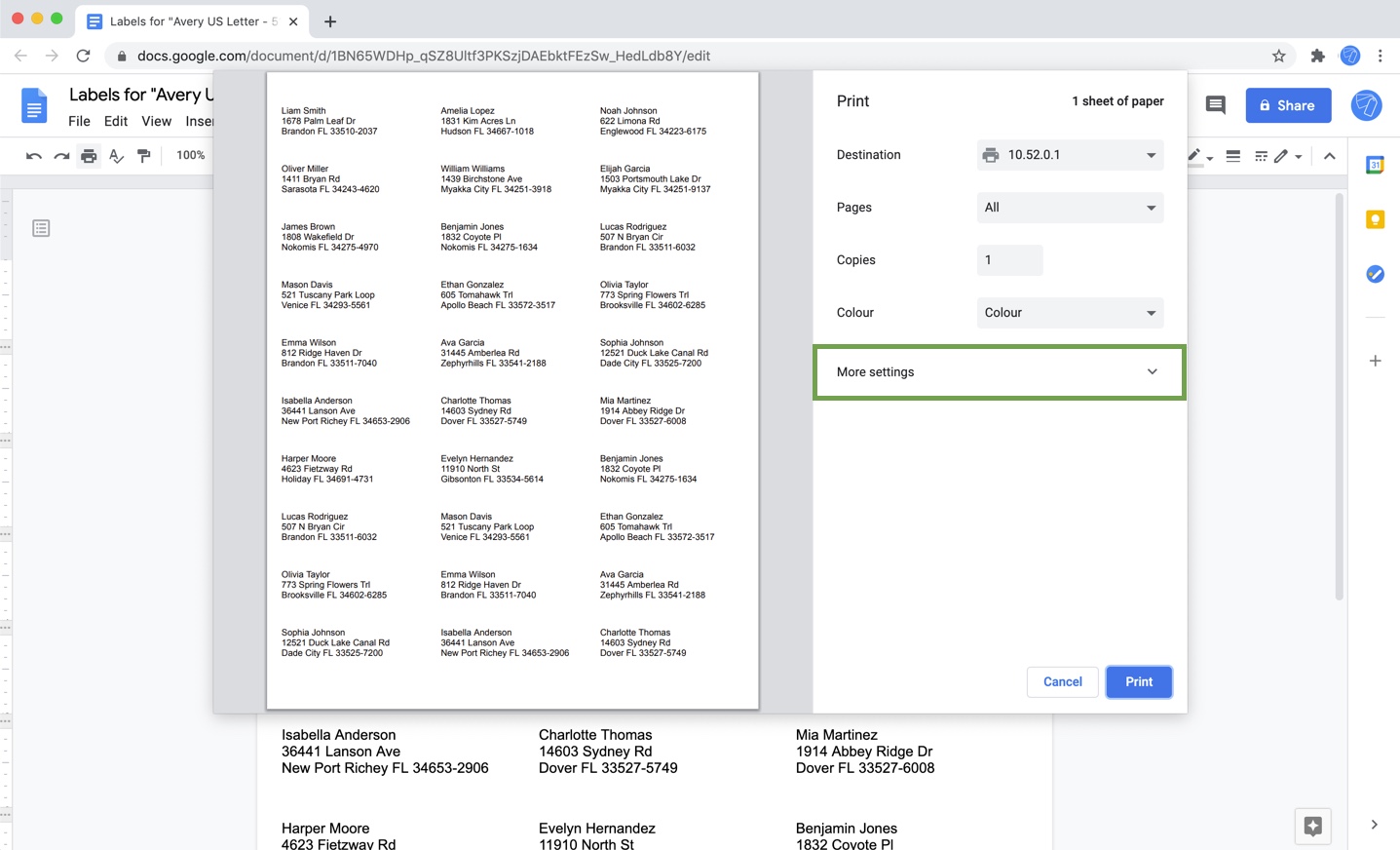 Screenshot of printing labels in Google Chrome