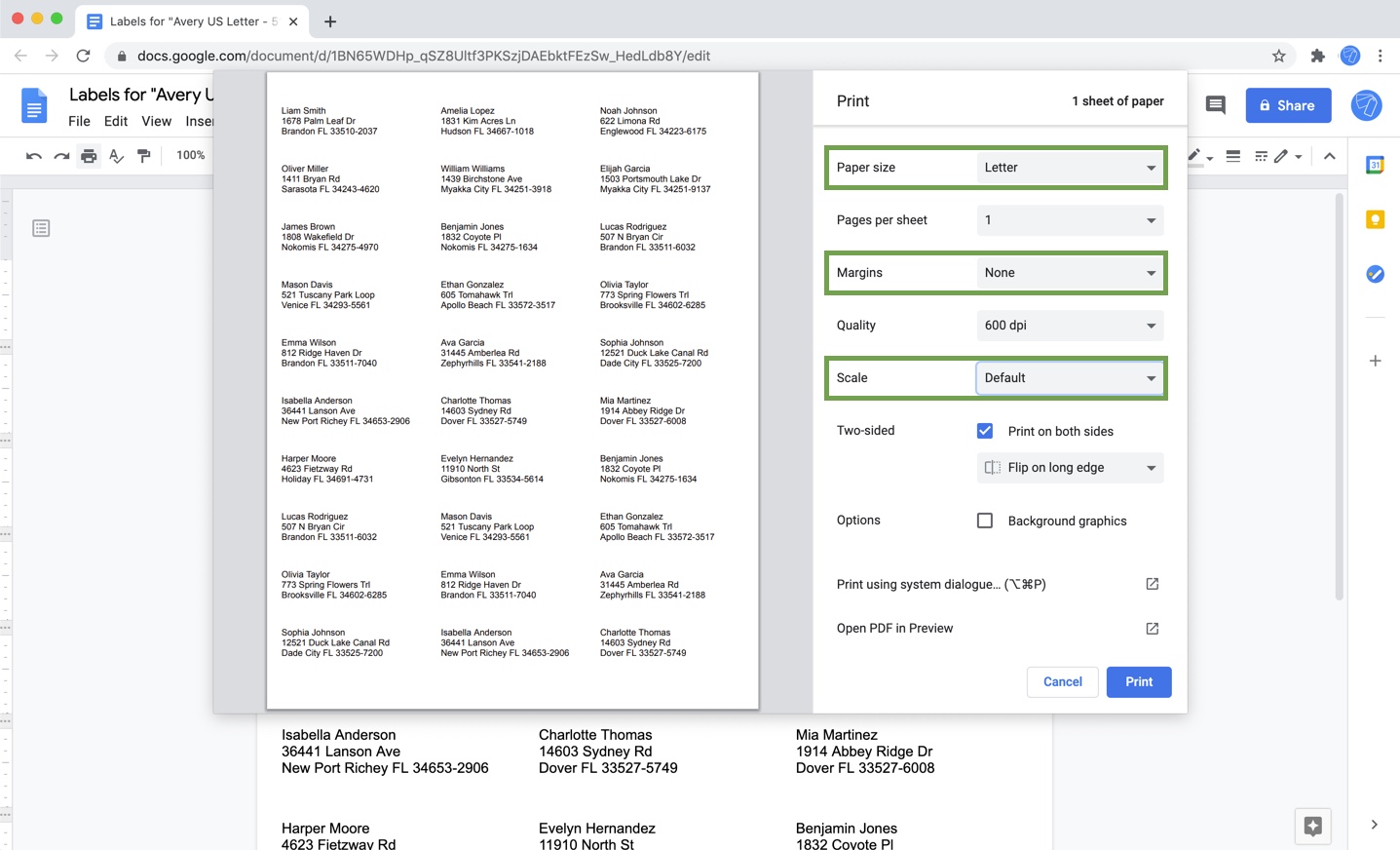 Print settings to print labels in Google Docs