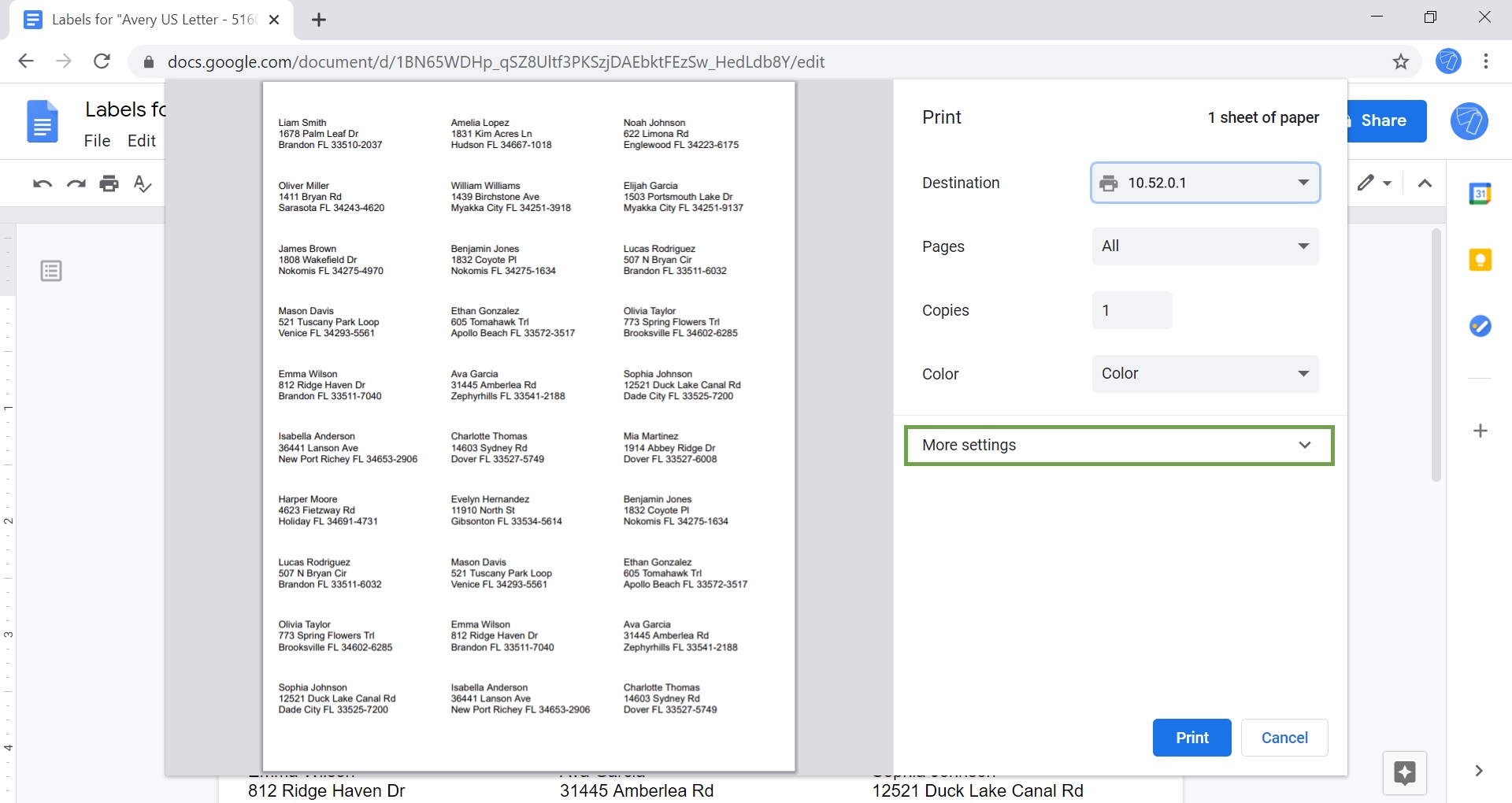 Screenshot of printing labels in Google Chrome