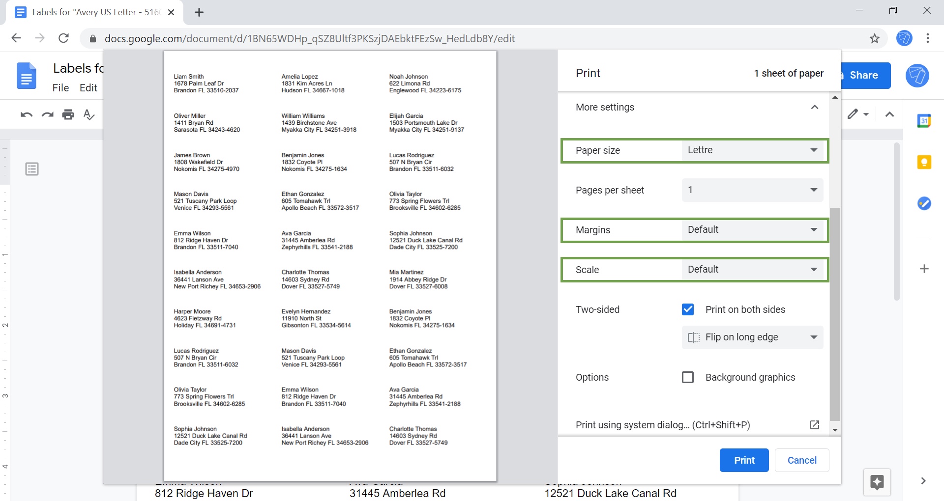 Print settings to print labels in Google Docs