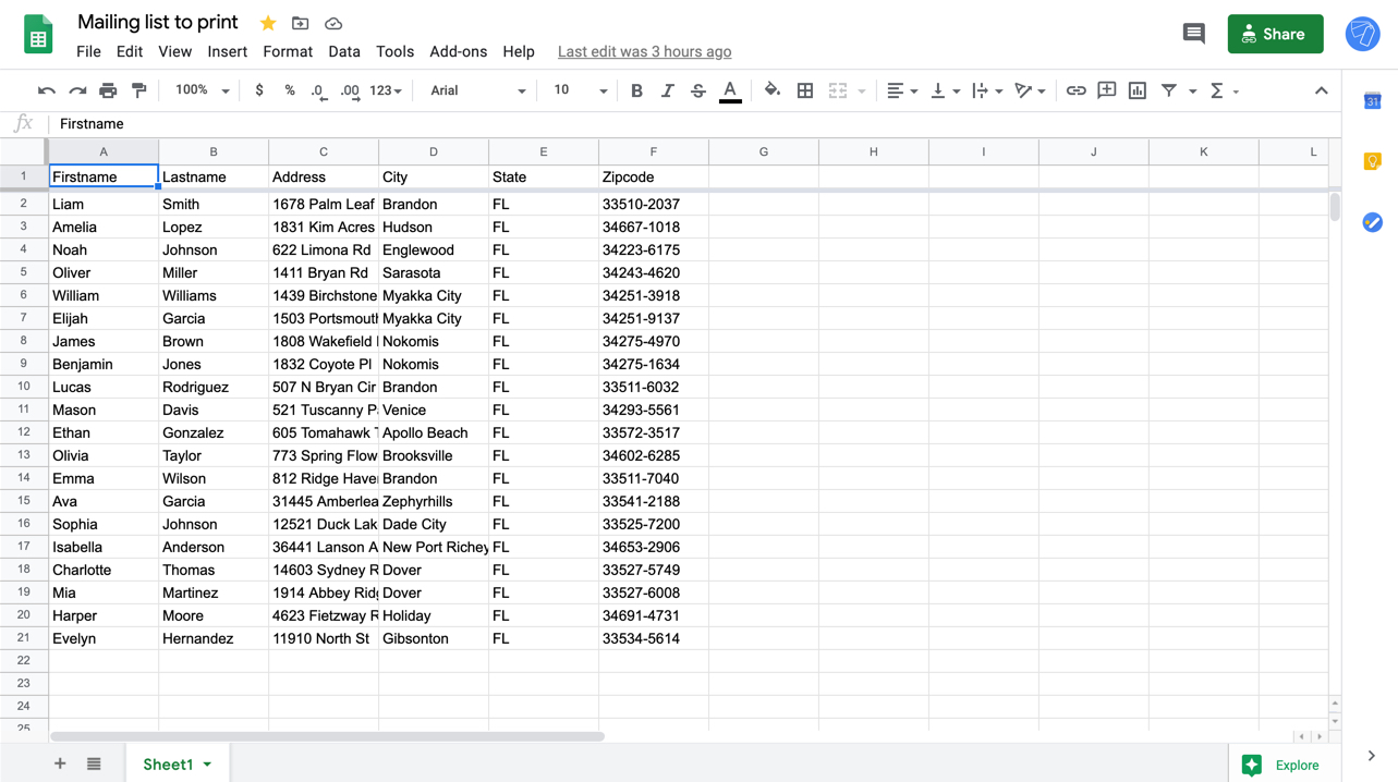 Screenshot of a mailing list in Google Sheets