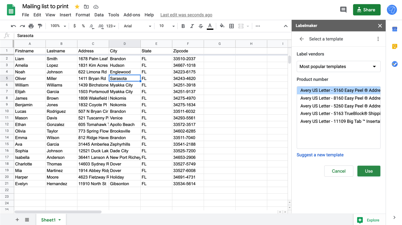 Screenshot of Labelmaker templates selection in Google Sheets
