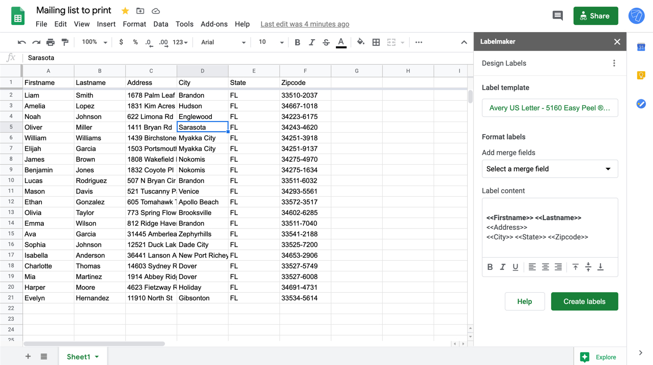 How to print labels for a mailing list in Google Sheets?