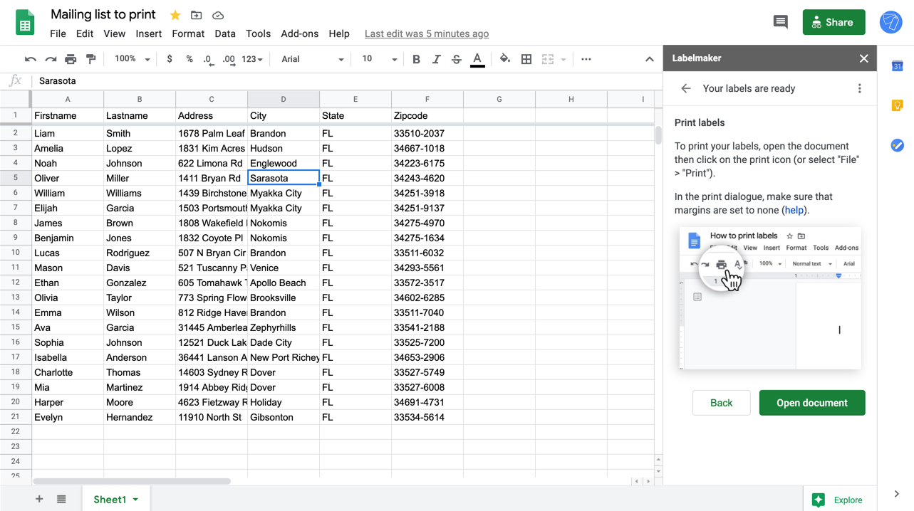 Screenshot of Labelmaker labels creation in Google Sheets