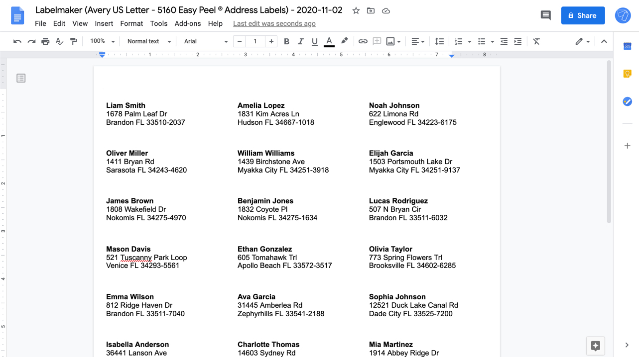 New mailing list document in Google Docs