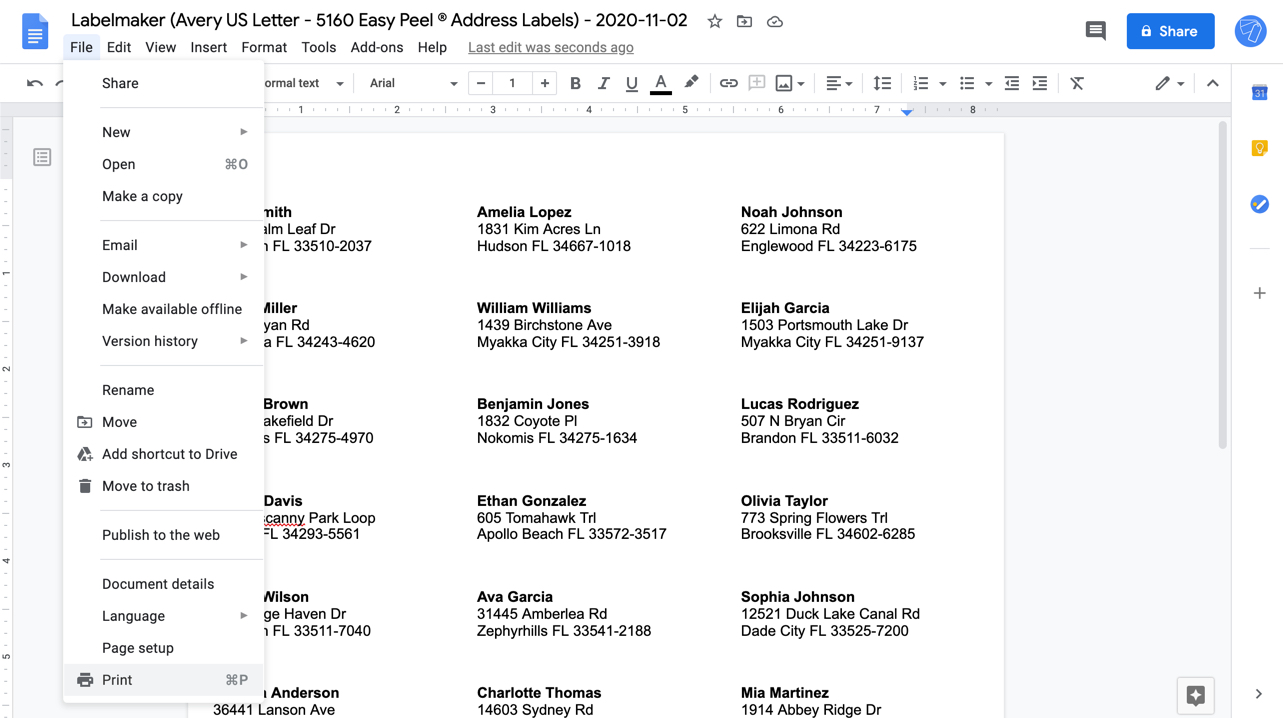 Print labels for a mailing list in Google Docs