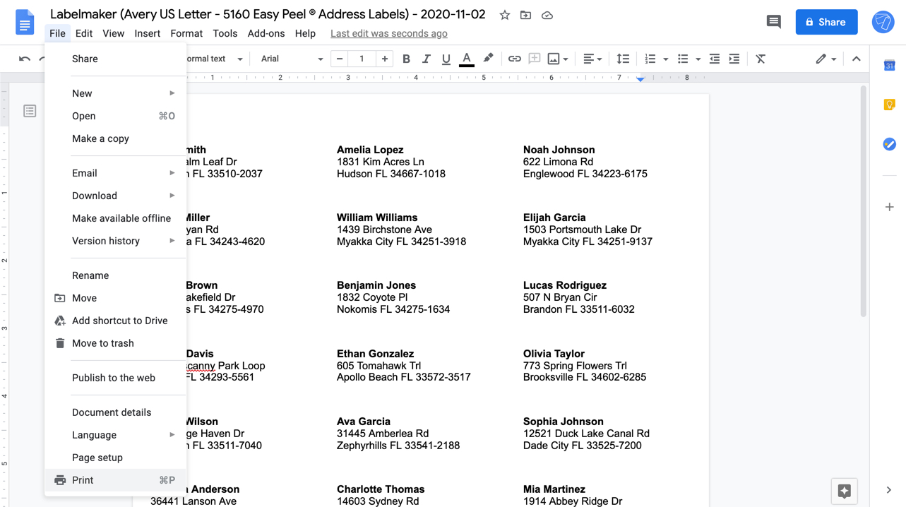 How print for mailing list in Google Sheets?