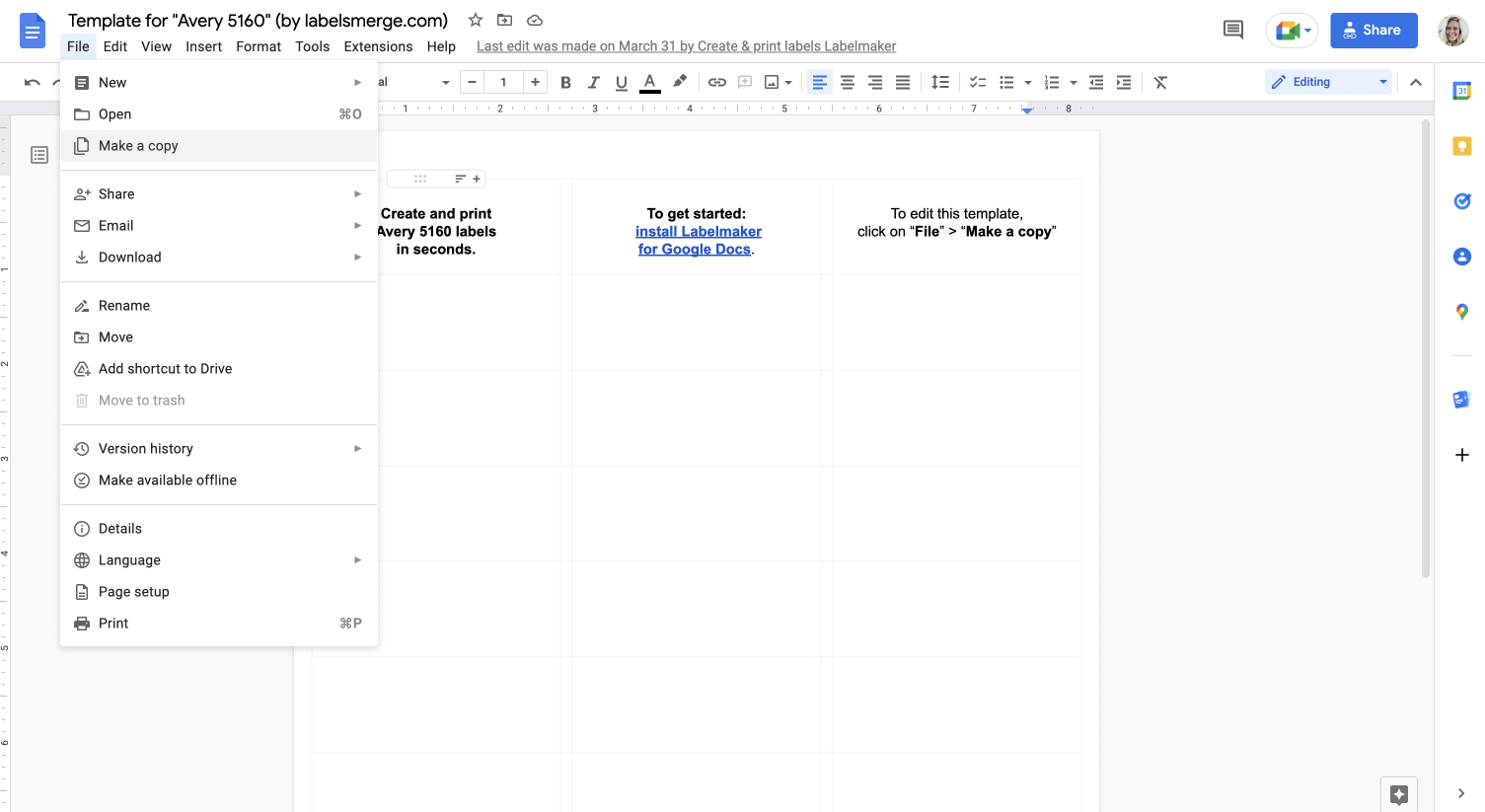 Copy labels template in Google Docs