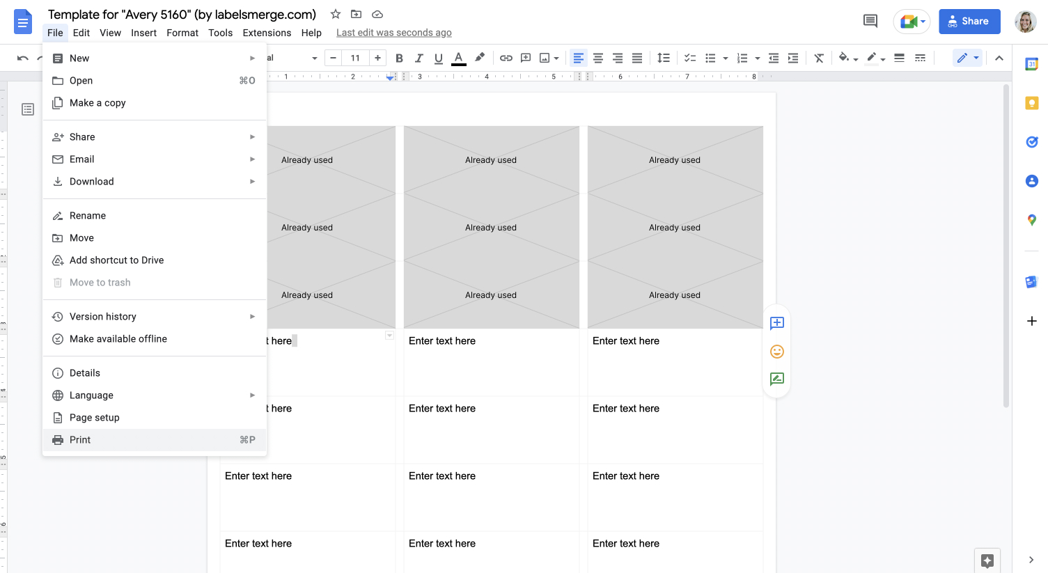 Print labels on a partially used sheet in Google Docs