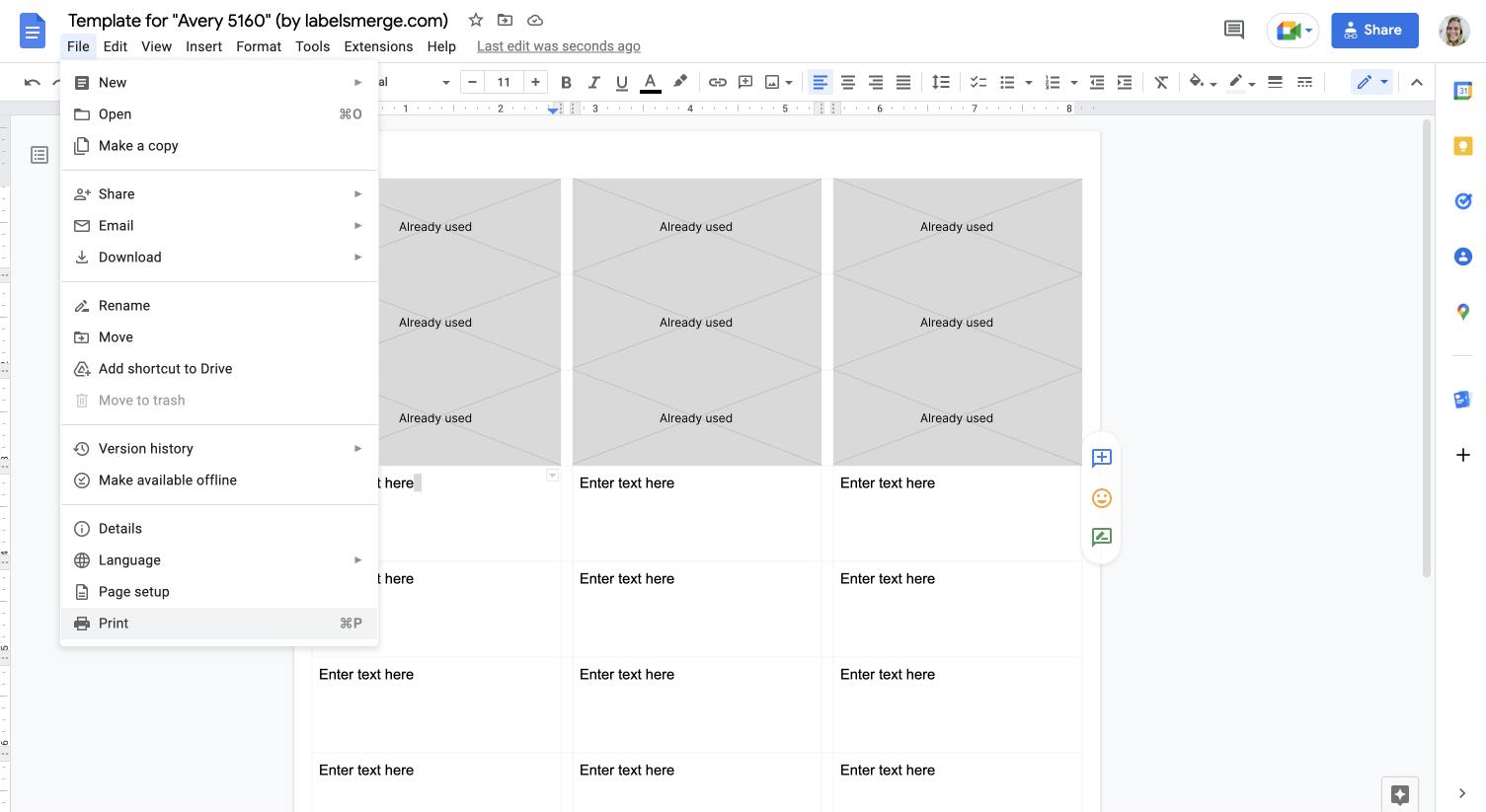 How to print labels on a partially used sheet in Google Docs?