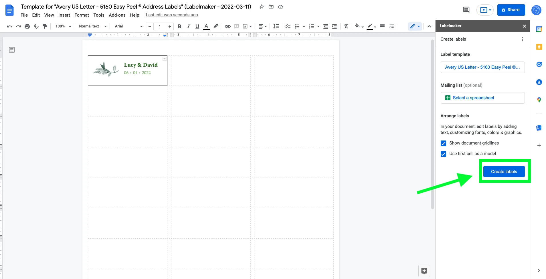 Create your wedding labels in Google Docs