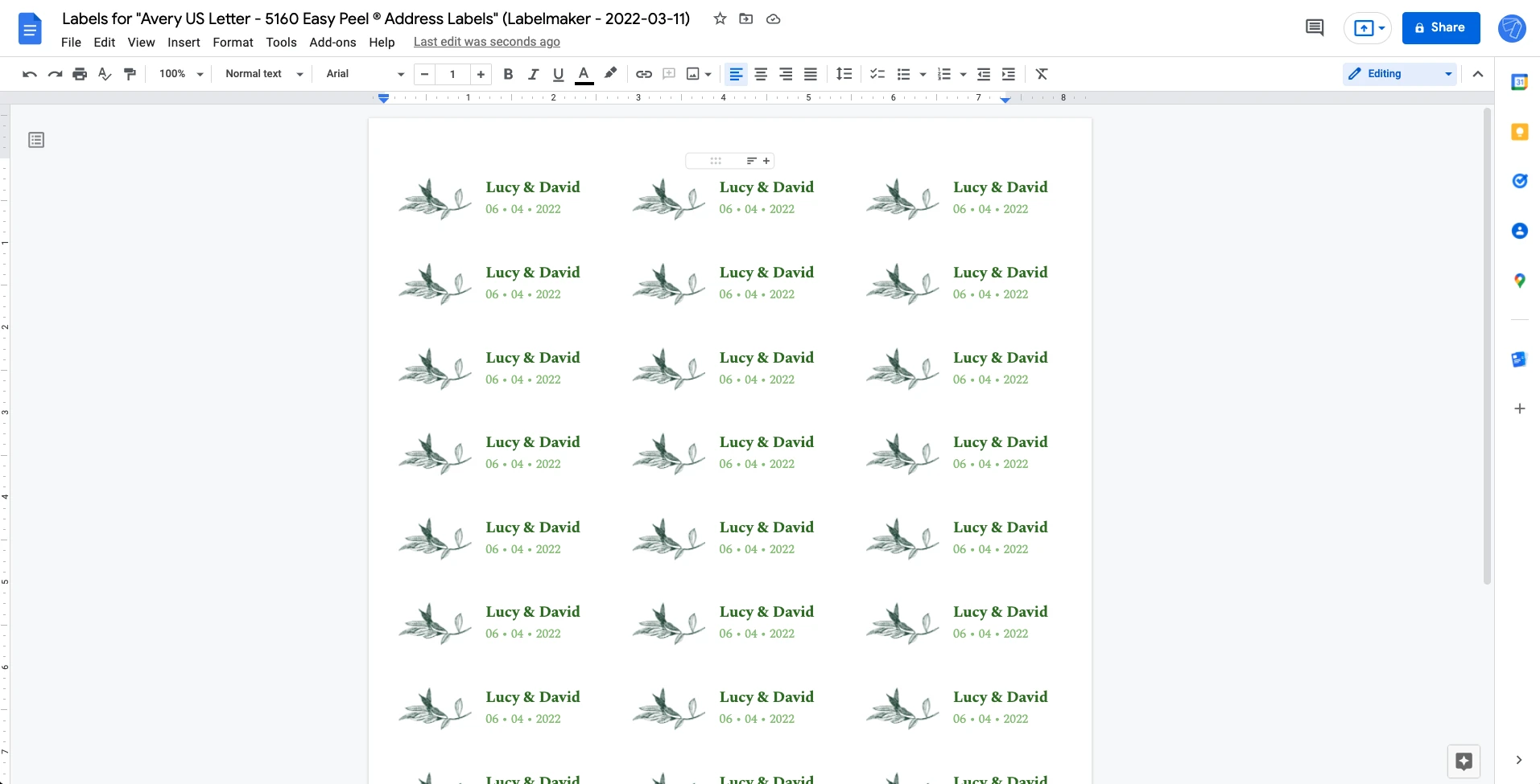Preview your wedding labels in Google Docs