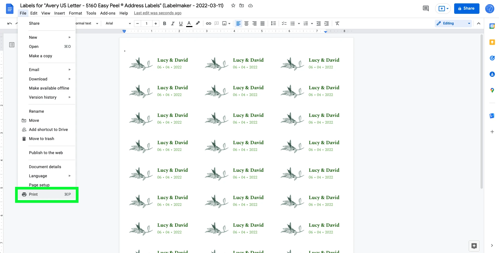 Print your wedding labels in Google Docs