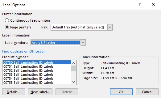 Select a label vendor in Microsoft Word