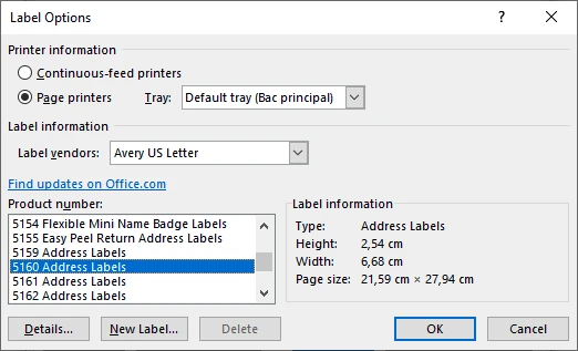 Select a label template in Microsoft Word